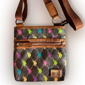 Brown Crossbody Bag Equestrian Multi Color Polo Players Suede Strap Horses